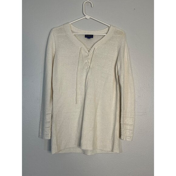 Pendleton‎ Long Sleeve Linen Cotton Blend Knit Top Lace Up Neckline Cream Medium - Picture 1 of 7